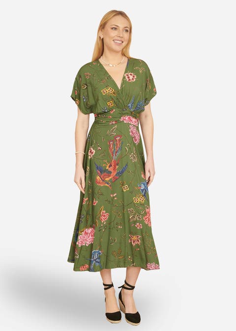 Ruched Waist Kimono Sleeve Midi Dress