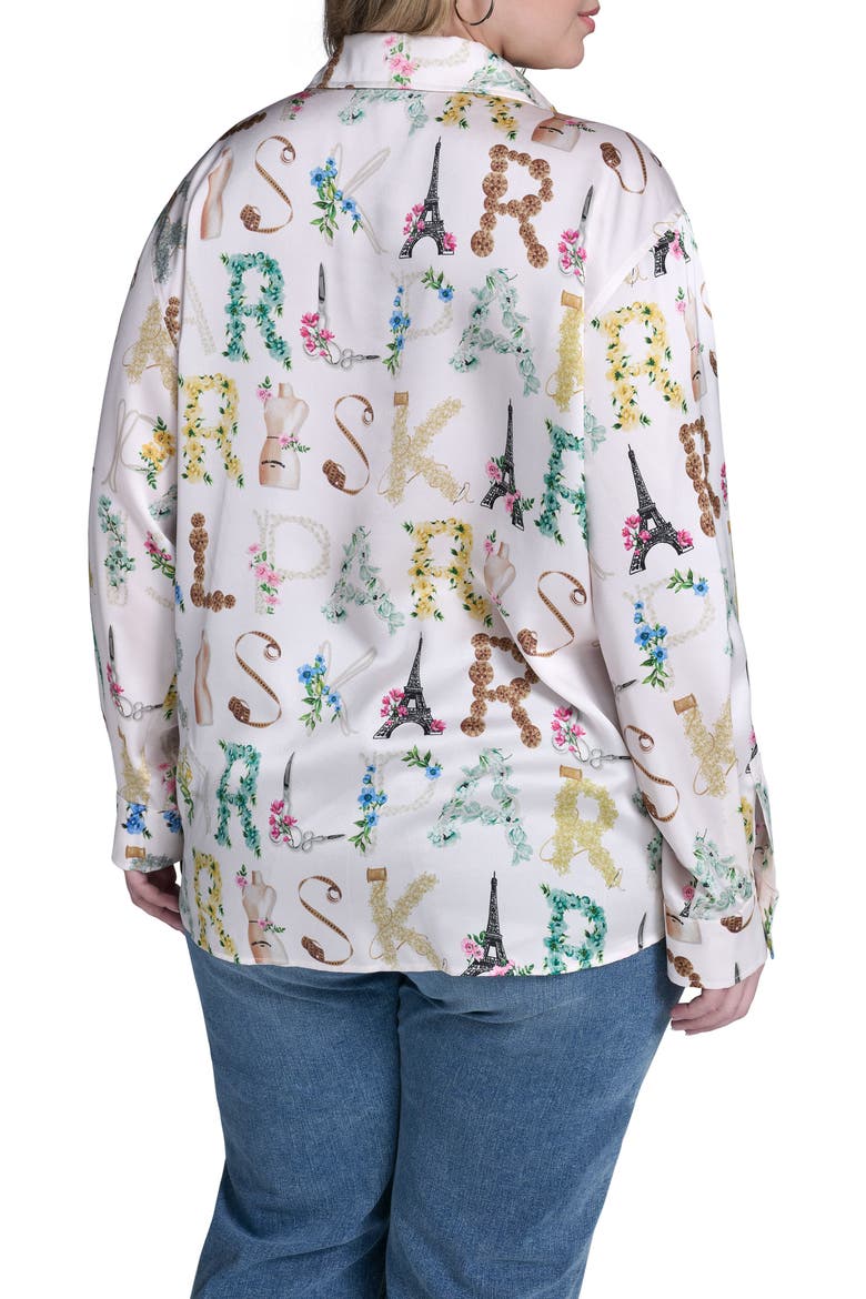 Logo Print Satin Button-Up Shirt, Alternate, color, BISQUE/ PANNA COTTA MULTI