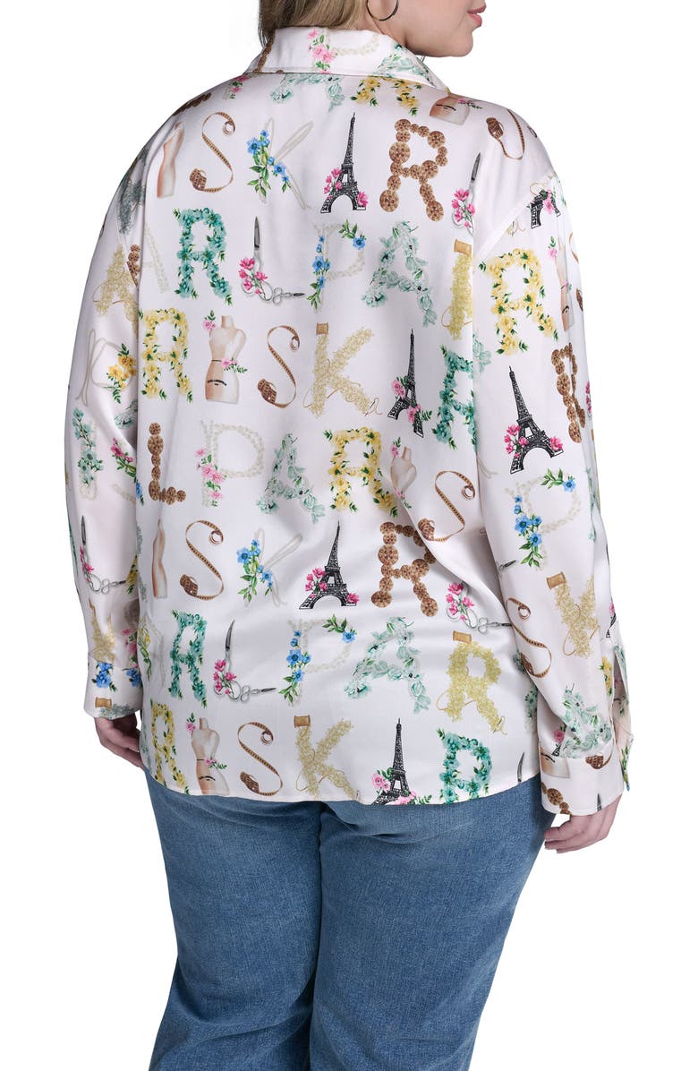 KARL LAGERFELD PARIS Logo Print Satin Button-Up Shirt, Alternate, color, Bisque/ Panna Cotta Multi
