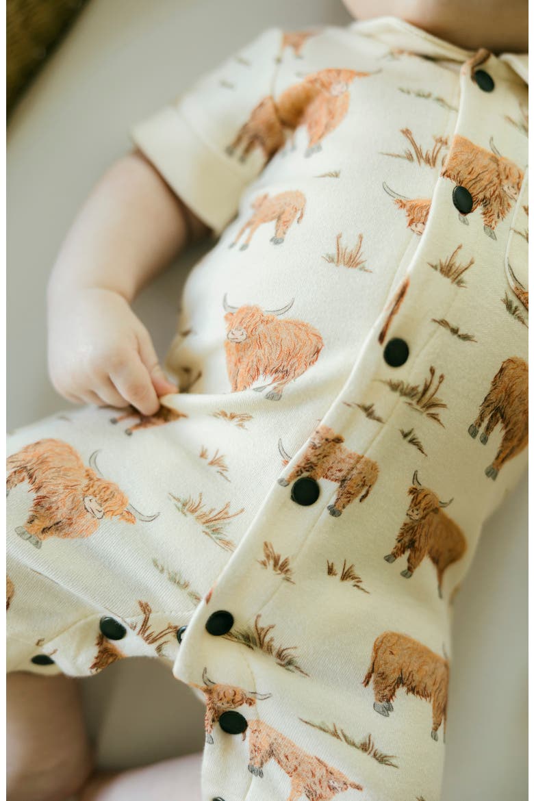 Print Organic Cotton Romper, Alternate, color, HIGHLAND COW