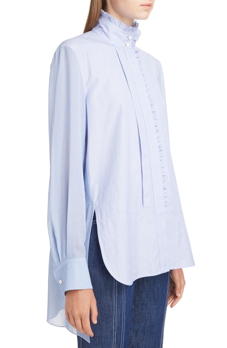 Chloé Ruffle Trim High/Low Poplin Shirt, Alternate, color, 