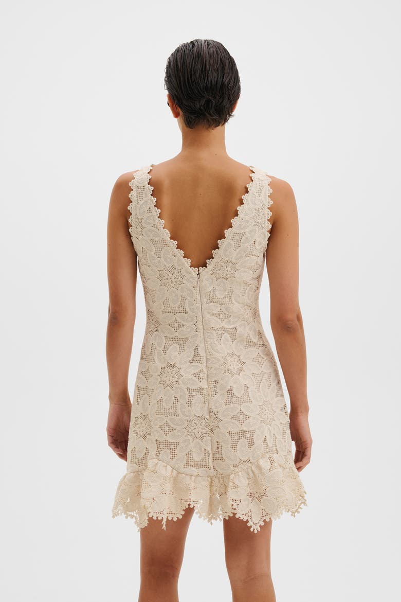 Miranda Ruffled Guipure Lace Mini Dress, Alternate, color, Sand