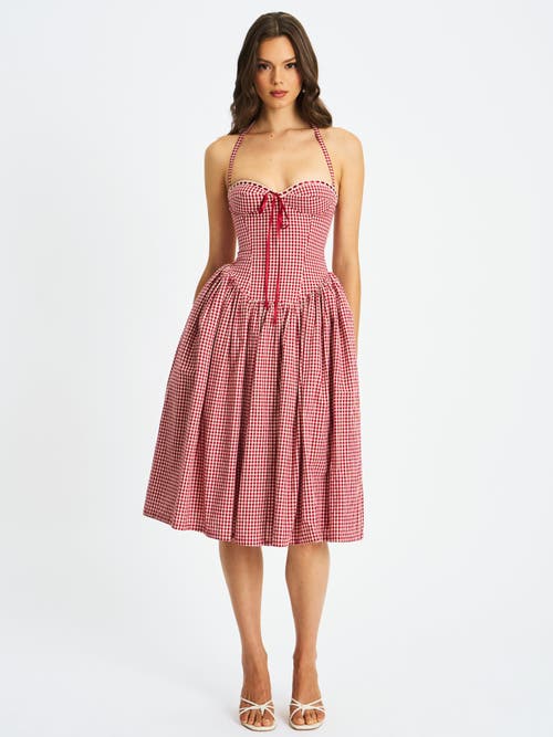 Miss Circle Women Susanna Red Gingham Halter Drop Waist Midi Dress In Pink
