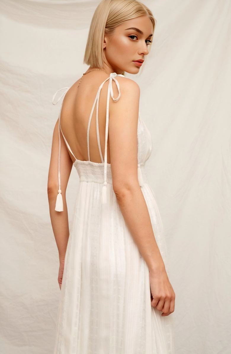 Knit and Lounge Boho Tiered Maxi Dress with Tie-Strap Tassels, Alternate, color, White