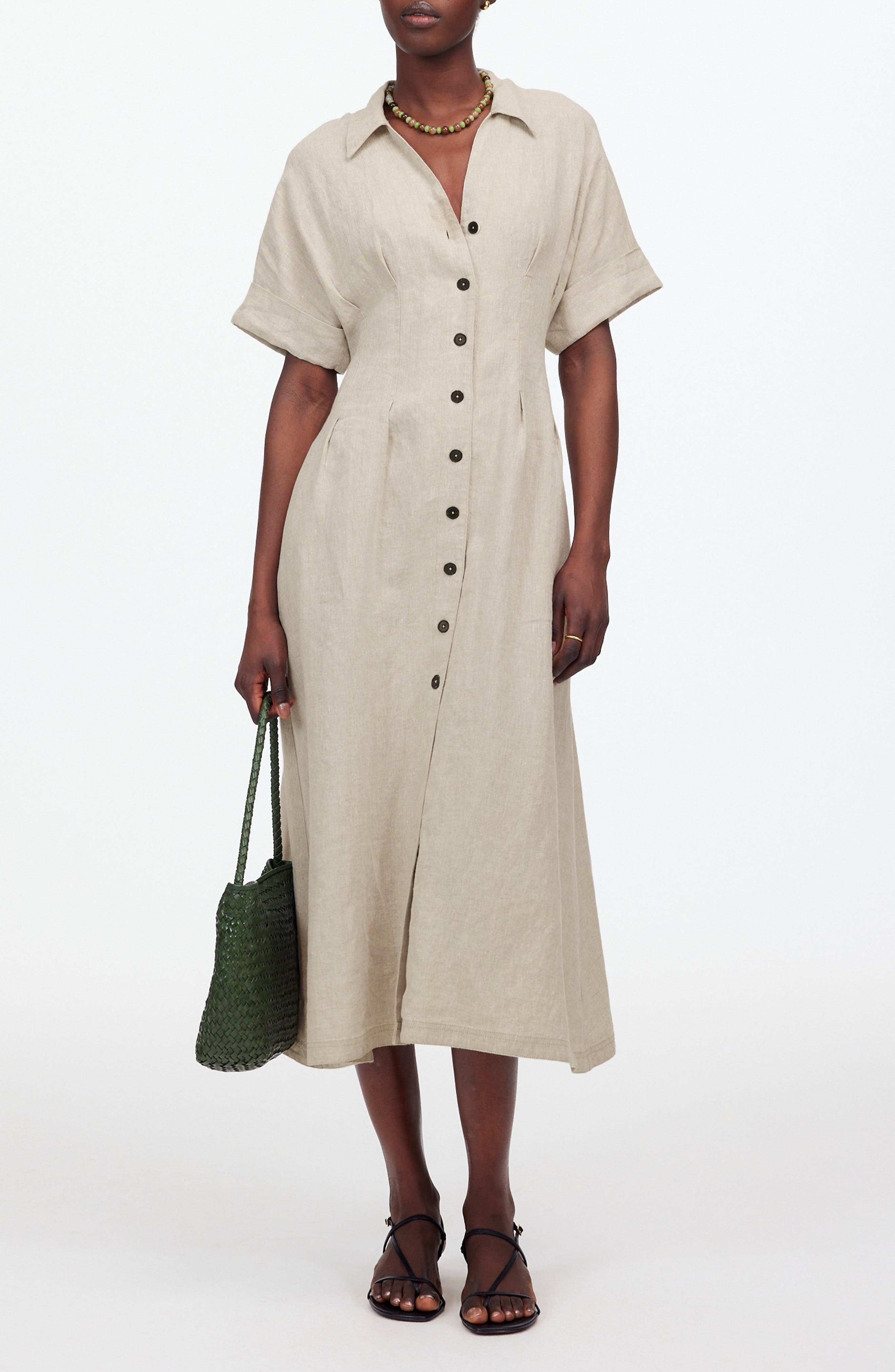 Madewell Pleated Button Front Linen Midi Shirtdress