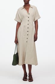 Madewell Pleated Button Front Linen Midi Shirtdress