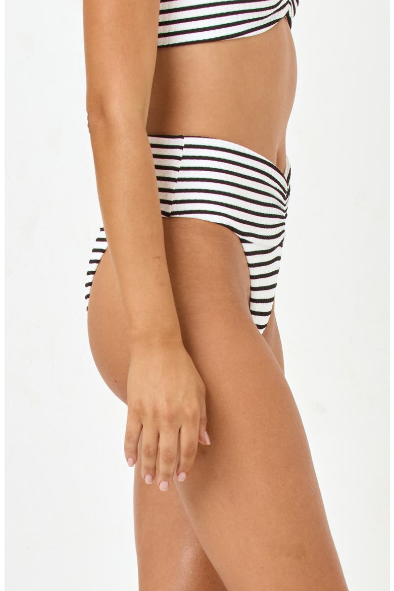 Bardot Ruched Jacquard High Waist Bikini Bottoms, Alternate, color, SAIL ALONG STRIPE