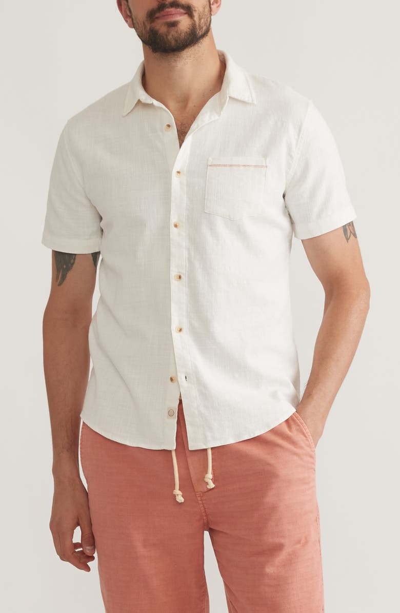 Marine Layer Classic Solid Short Sleeve Stretch Cotton Selvage Button-Up Shirt, Main, color, Natural