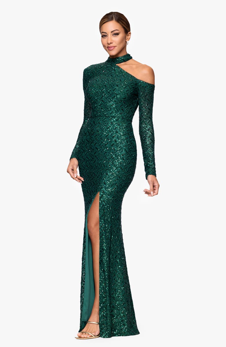Xscape Evenings Sequin Cutout Long Sleeve Mermaid Gown, Alternate, color, Pine