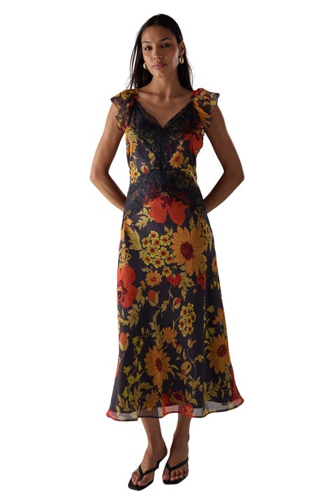 Lace Insert Frill Sleeve Midi Dress