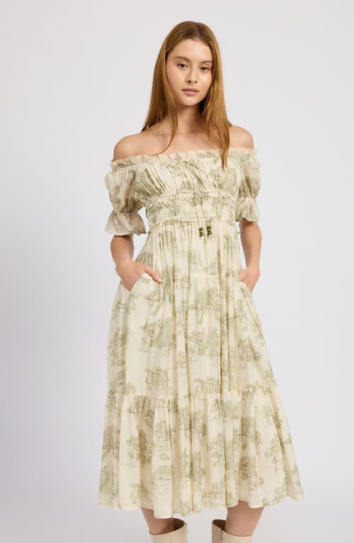 En Saison Leighton Toile Print Off The Shoulder Midi Dress In Cream Olive