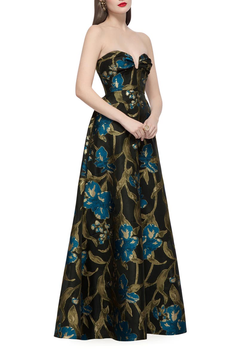 Veronica Floral Print Strapless Gown, Alternate, color, PEACOCK BLUE MULTI