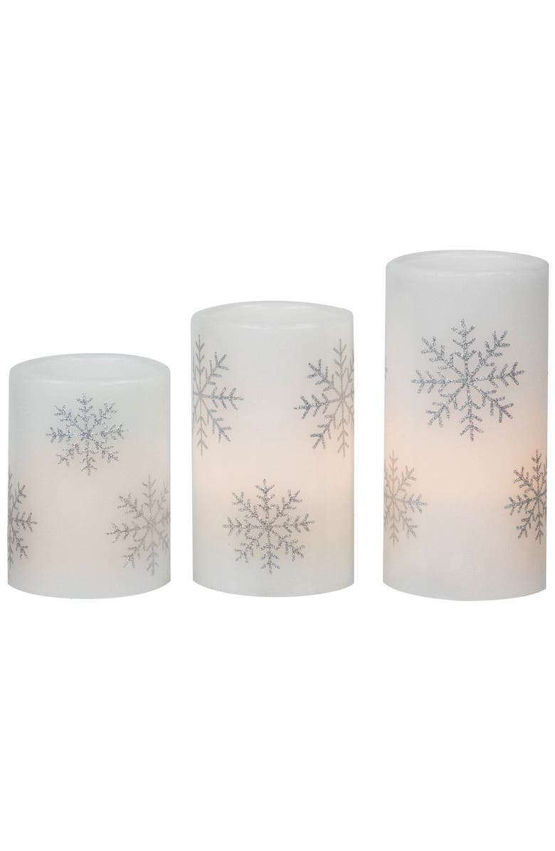 Northlight LED Flameless Flickering Wax Pillar Snowflake Christmas Candles - 6" - Set of 3, Main, color, White