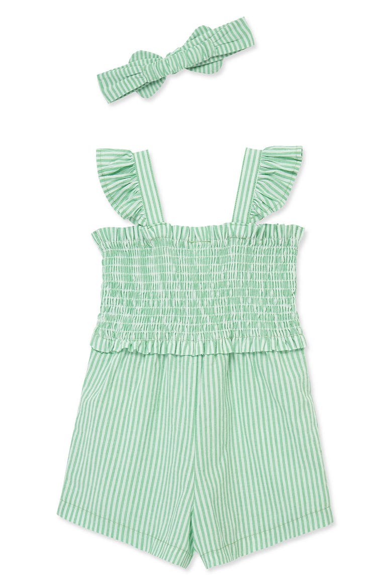 Kids' Embroidered Stripe Cotton Romper & Headband Set, Alternate, color, GREEN