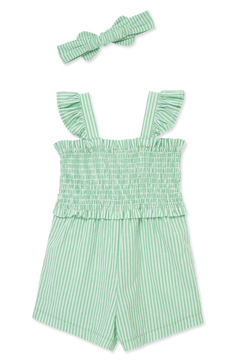 Little Me Kids' Embroidered Stripe Cotton Romper & Headband Set, Alternate, color, Green