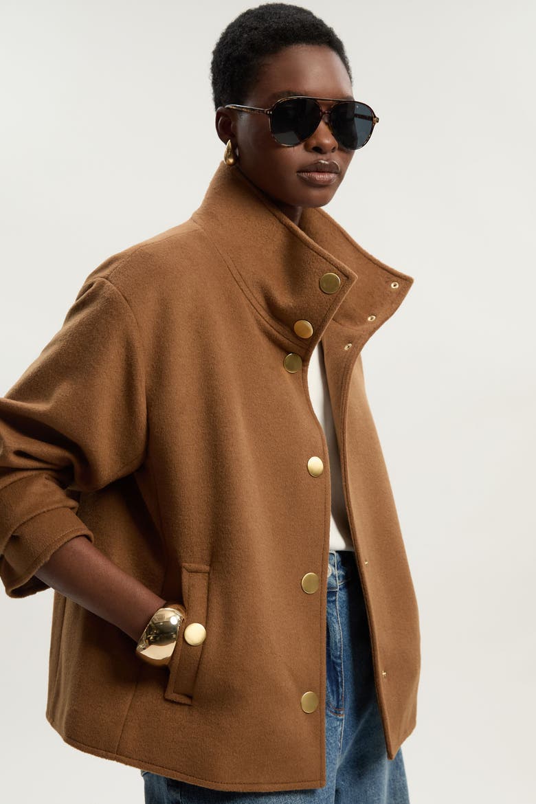 Brushed Wool Funnel Neck Tailored Coat, Alternate, color, Camel