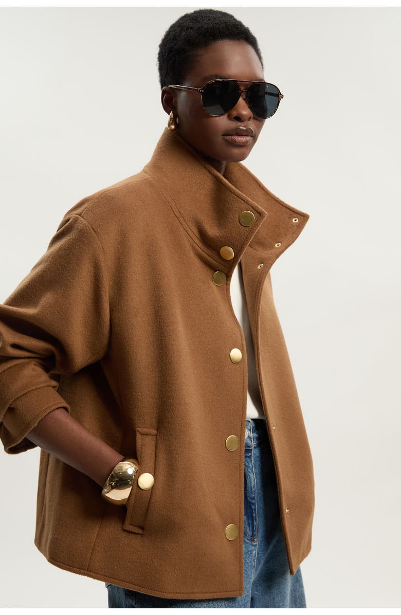 Karen Millen Brushed Wool Funnel Neck Short Coat, Alternate, color, Camel