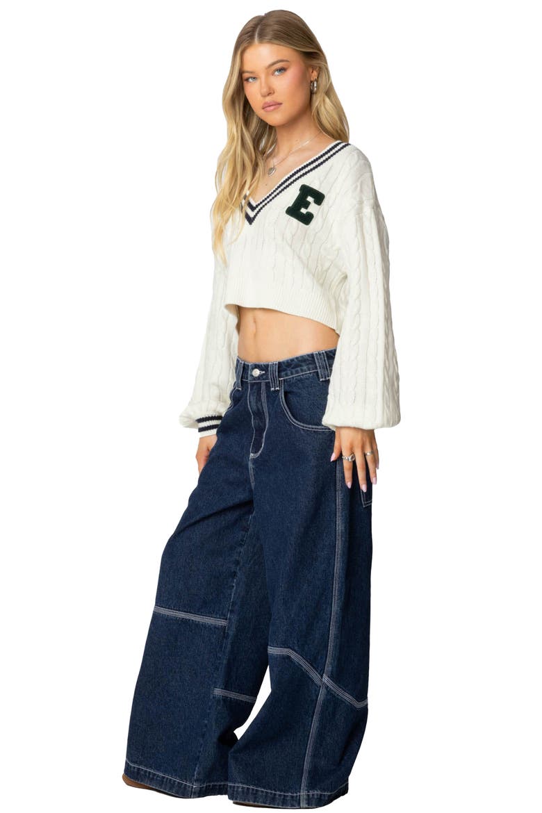 V-Neck Crop Cable Sweater, Alternate, color, CREAM