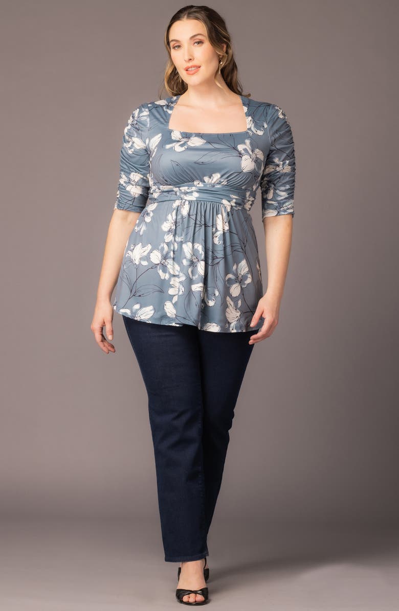 Kiyonna Solstice Ruched Sleeve Top, Alternate, color, Grey Lily Print