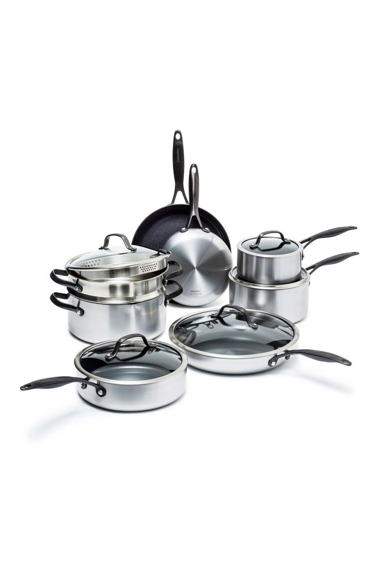 Venice Pro Noir 13-Piece Stainless Steel Ceramic Nonstick Frying Pan Set, Main, color, STAINLESS STEEL
