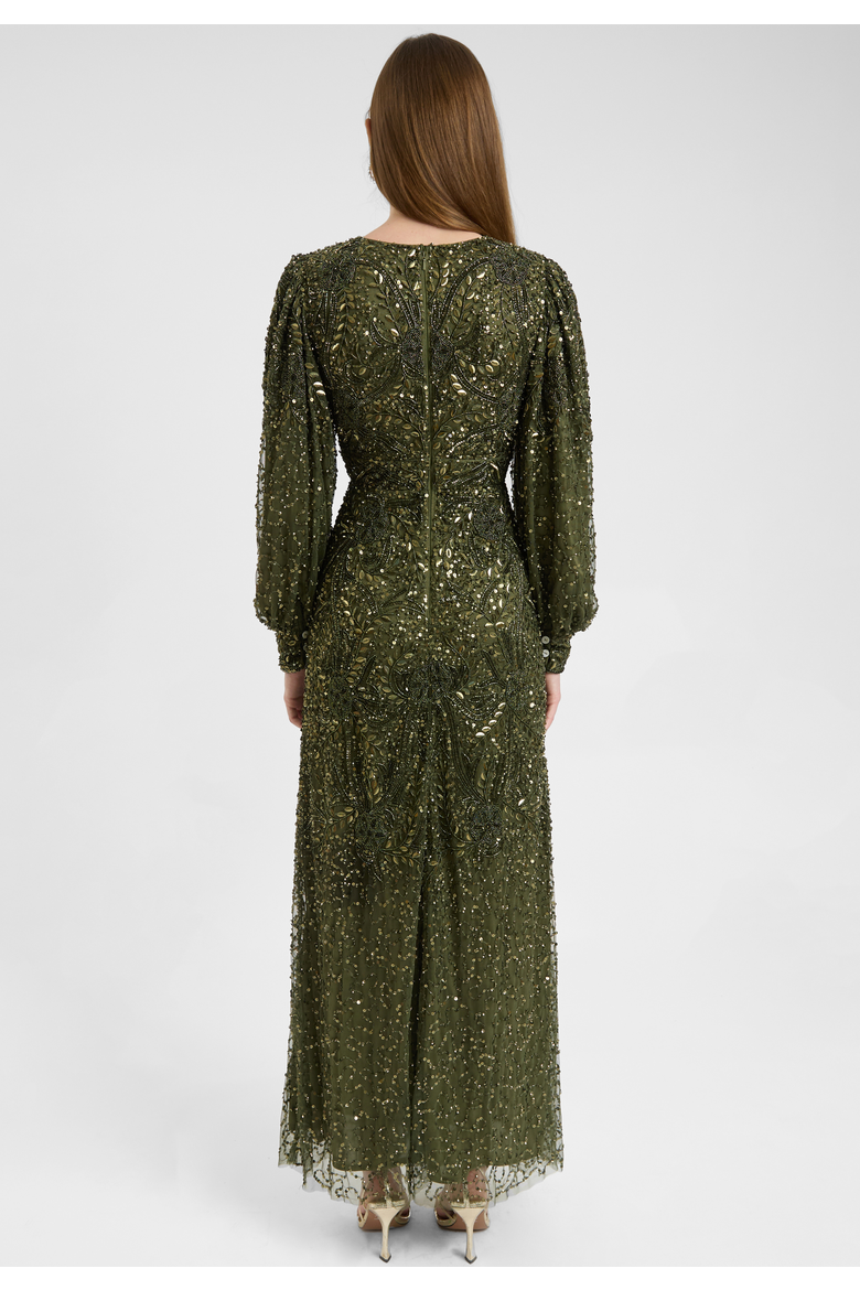 Modest Embellished Sequin Beaded Dress Maxi With loose Cuff Sleeves, Alternate, color, OLIVE