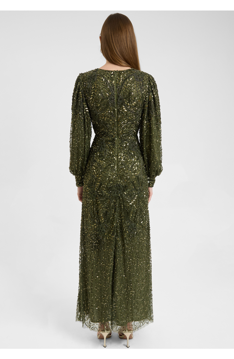 MARYISA Modest Embellished Sequin Beaded Dress Maxi With loose Cuff Sleeves, Alternate, color, Olive
