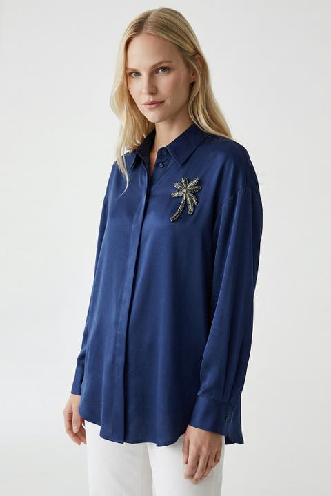 Fleurettet Embroidered Long Sleeve Satin Shirt