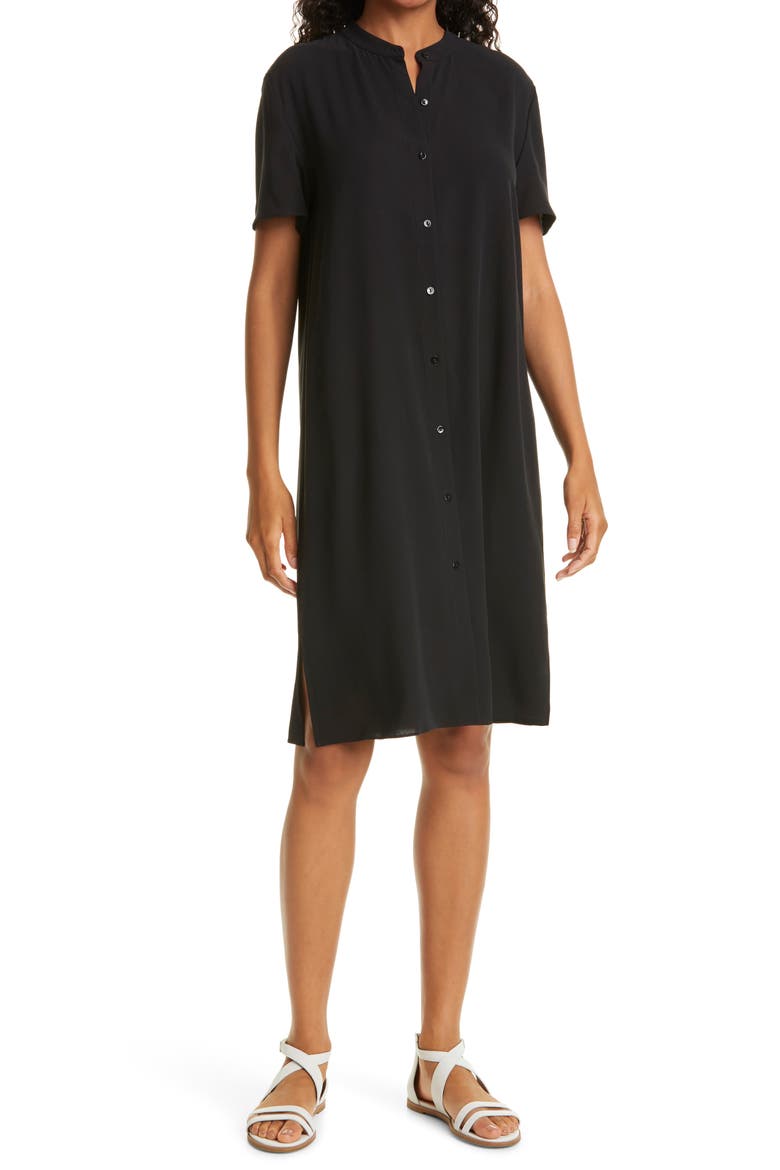 Mandarin Collar Silk Shirtdress, Main, color, BLACK