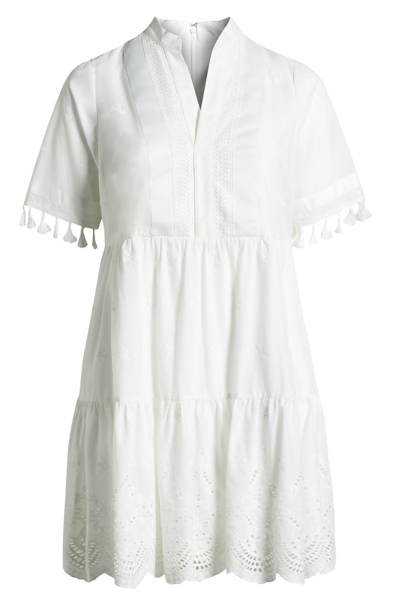 Tahari ASL Eyelet Embroidery Tiered Cotton Shift Dress, Alternate, color, Ivory