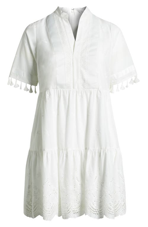Tahari Asl Eyelet Embroidery Tiered Cotton Shift Dress In Ivory