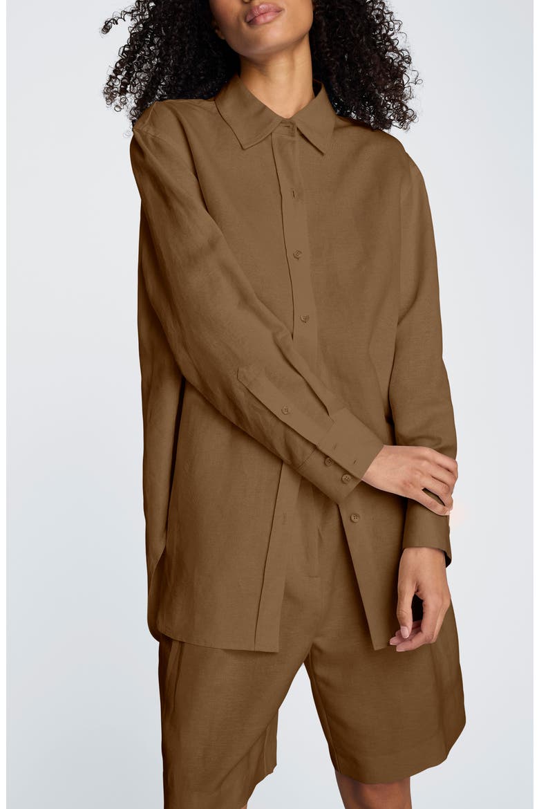 Long Linen Blend Button-Up Shirt, Main, color, MESQUITE