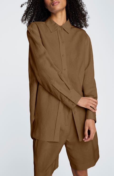 Long Linen Blend Button-Up Shirt