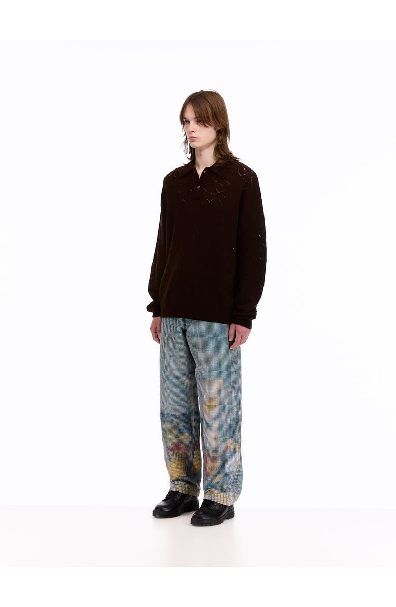 vowels Eyelet Polo Sweater, Alternate, color, Dark Tobacco