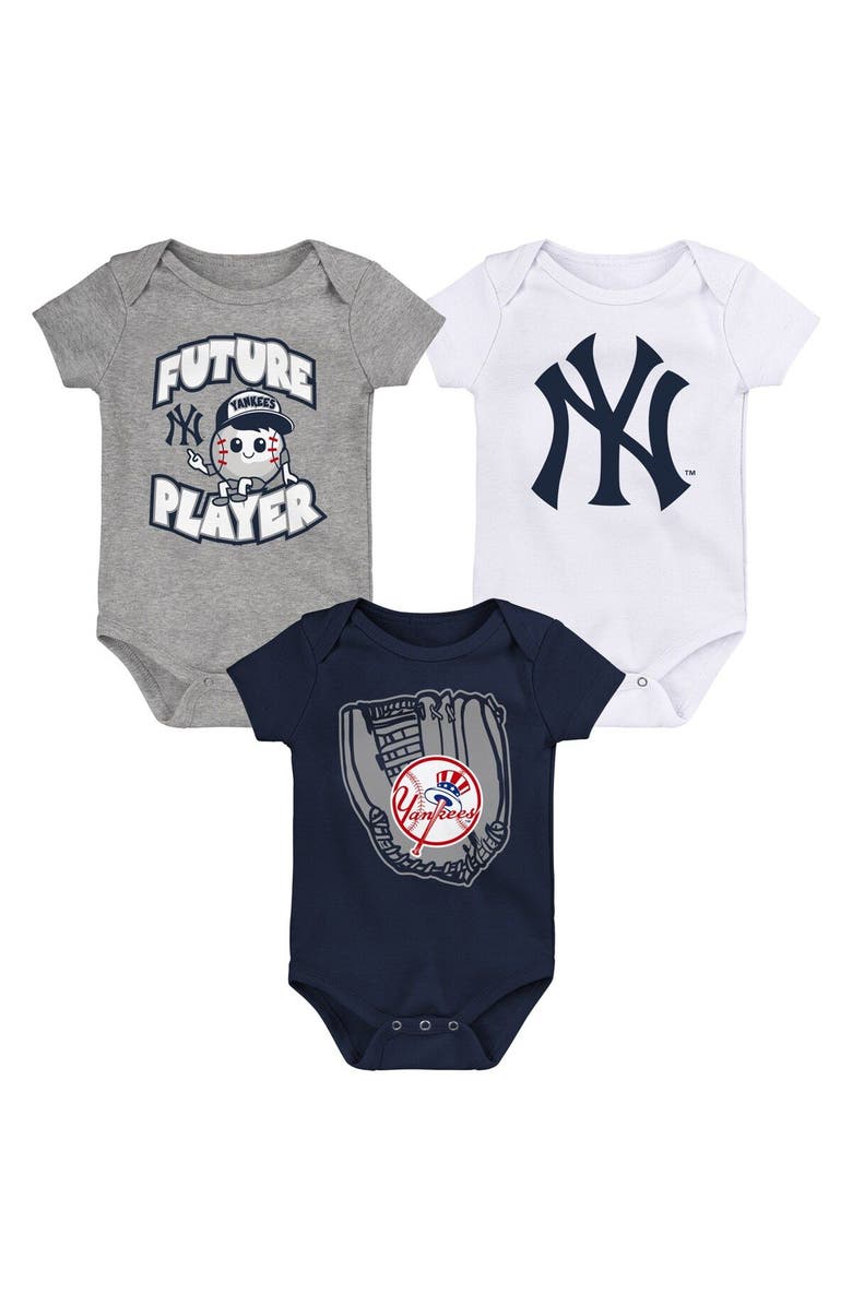 Outerstuff Infant Heather Gray/Navy/White New York Yankees Minor League Player Three-Pack Bodysuit Set, Main, color, 
