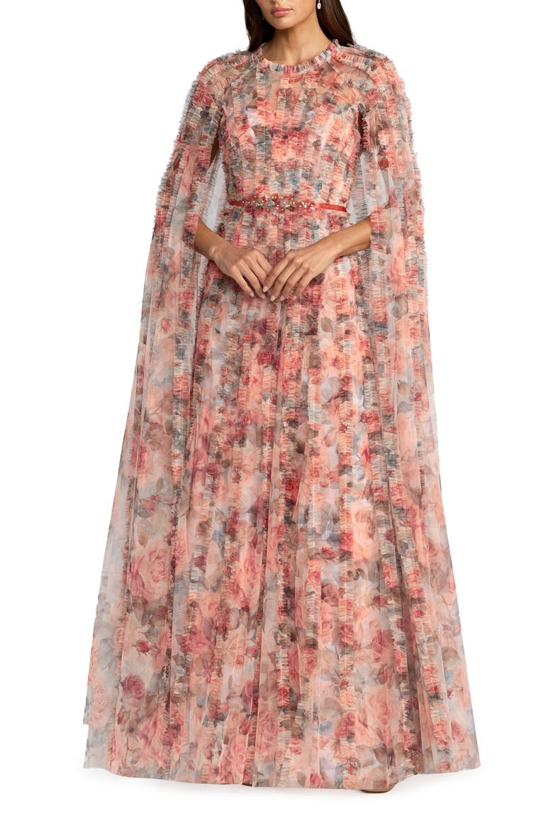 Floral Mesh High Neck Cape Sleeve Ruffle Gown, Main, color, Cream Multi