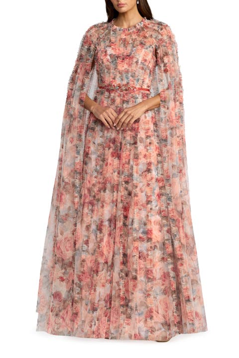 Floral Mesh High Neck Cape Sleeve Ruffle Gown