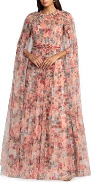 Mac Duggal Floral Mesh High Neck Cape Sleeve Ruffle Gown