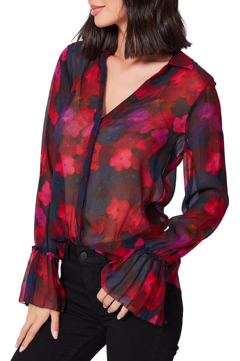 Abriana Floral Print Long Sleeve Silk Shirt, Alternate, color, BLKMULT