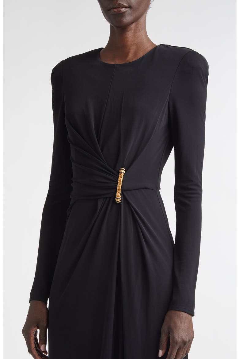 Dominique Long Sleeve Matte Crepe Jersey Gown, Alternate, color, BLACK