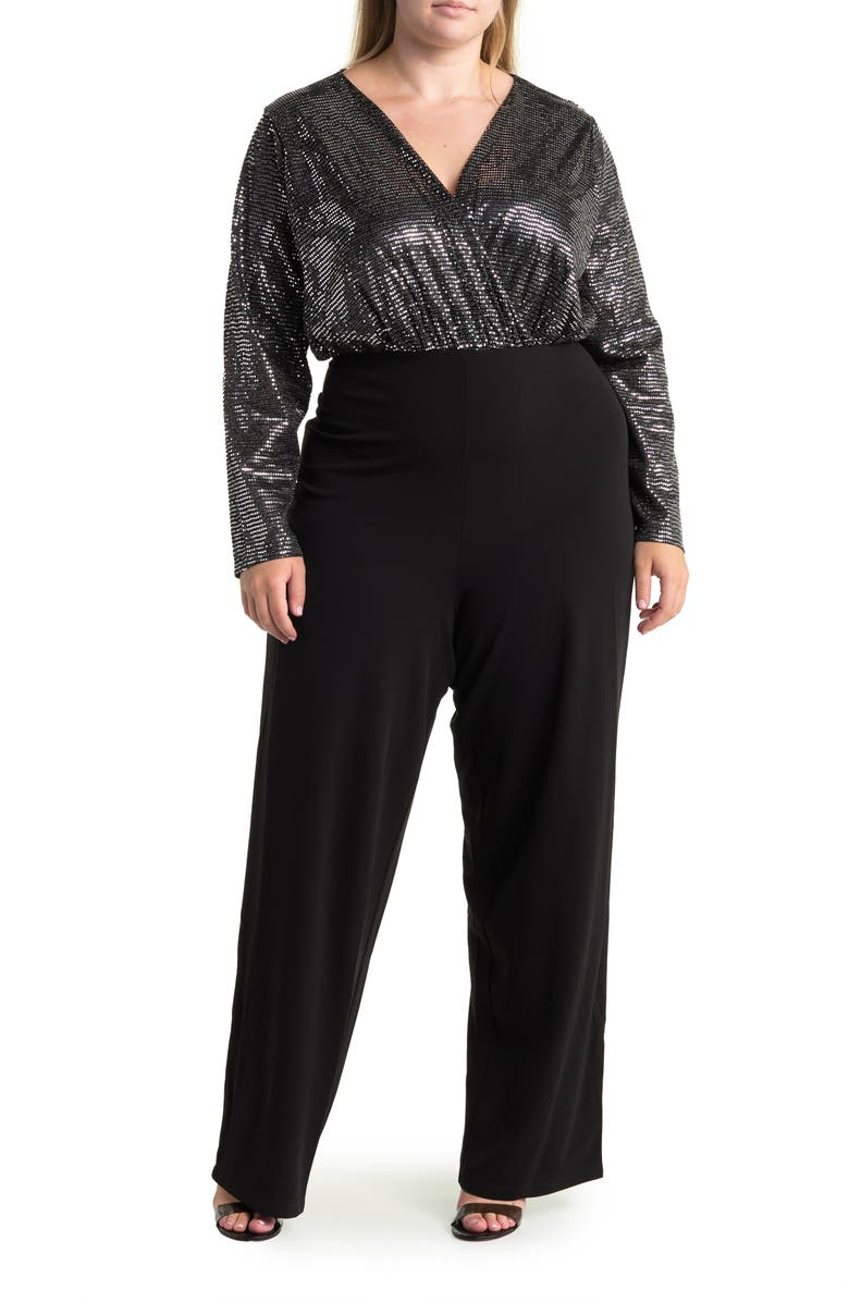 BY DESIGN Sandra Dico Dot Sequin Long Sleeve Jumpsuit, Main, color, Black/ Silver