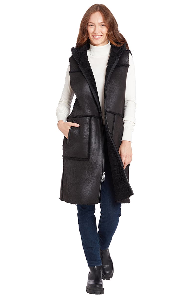 Frye Water Resistant Faux Leather & Faux Shearling Vest, Alternate, color, Black