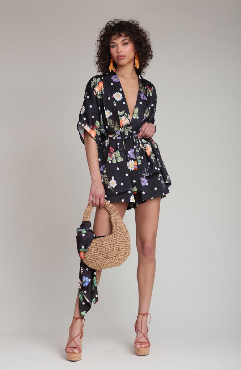 Avec Les Filles Floral Print Belted Tunic, Alternate, color, Black Scattered Botanical