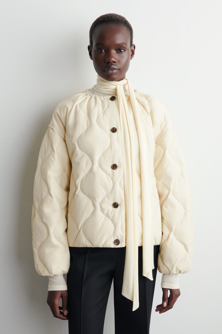 Gathered Quilted Down Jacket, Alternate, color, ECRU
