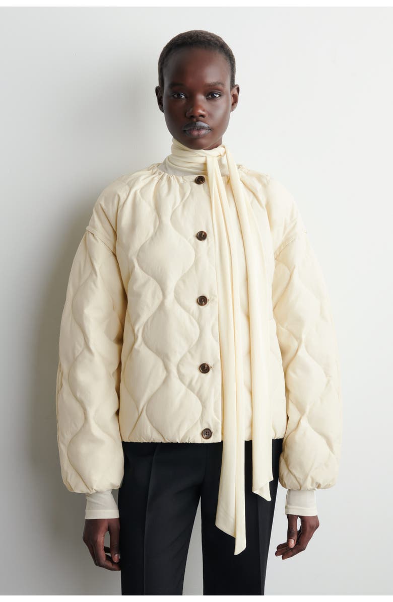 COS Gathered Quilted Down Jacket, Alternate, color, Ecru