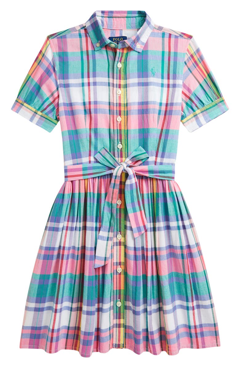 Polo Ralph Lauren Kids' Madras Plaid Cotton Button-Down Shirtdress, Main, color, 