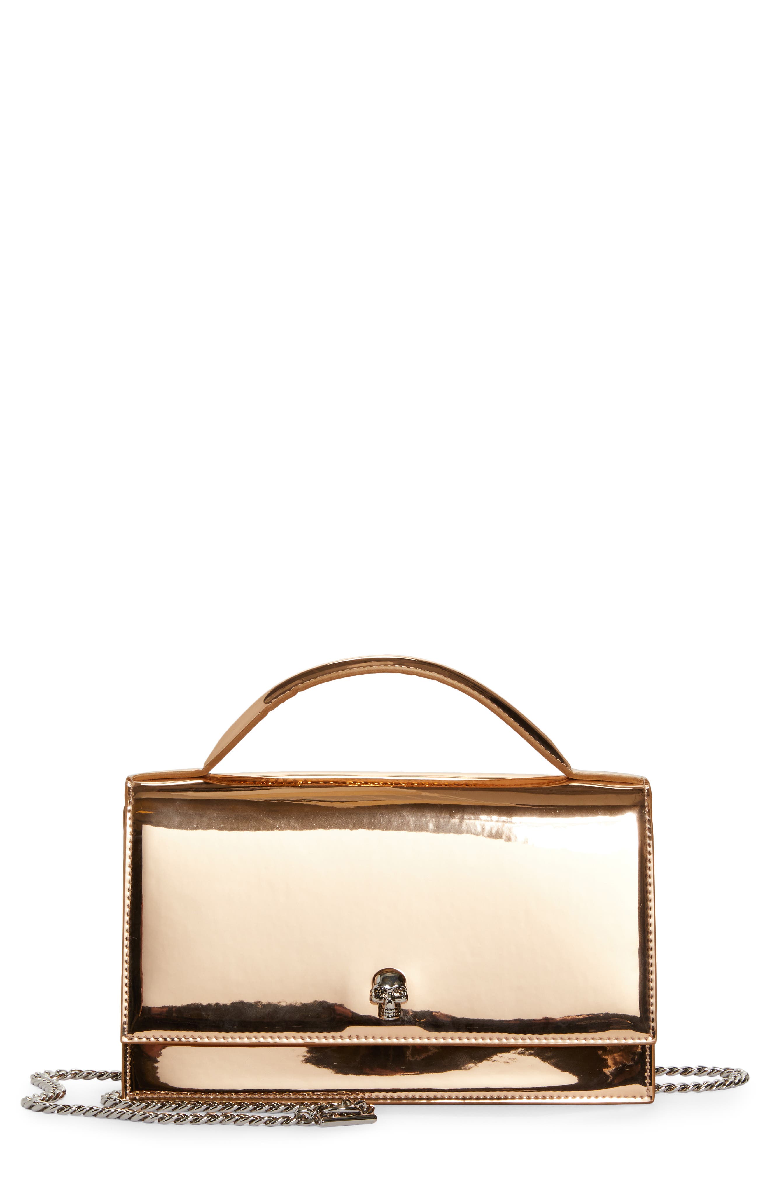 McQueen Medium Skull Metallic Faux Leather Handbag, Main, color, 
