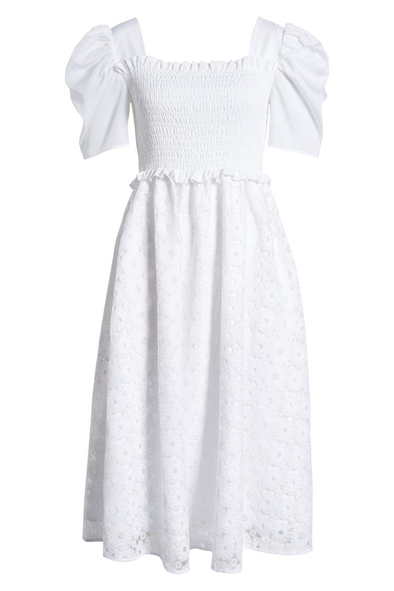 Smocked Waist A-Line Dress, Alternate, color, WHITE