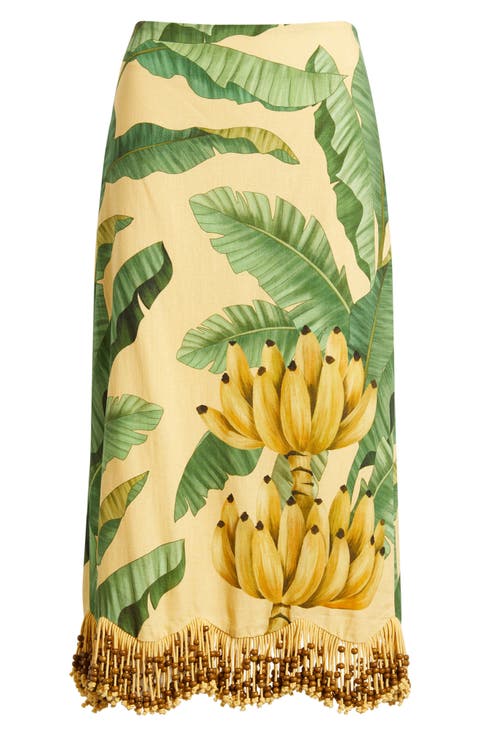Botanical Fruit Print Beaded Fringe Midi Skirt