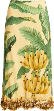 FARM Rio Botanical Fruit Print Beaded Fringe Midi Skirt