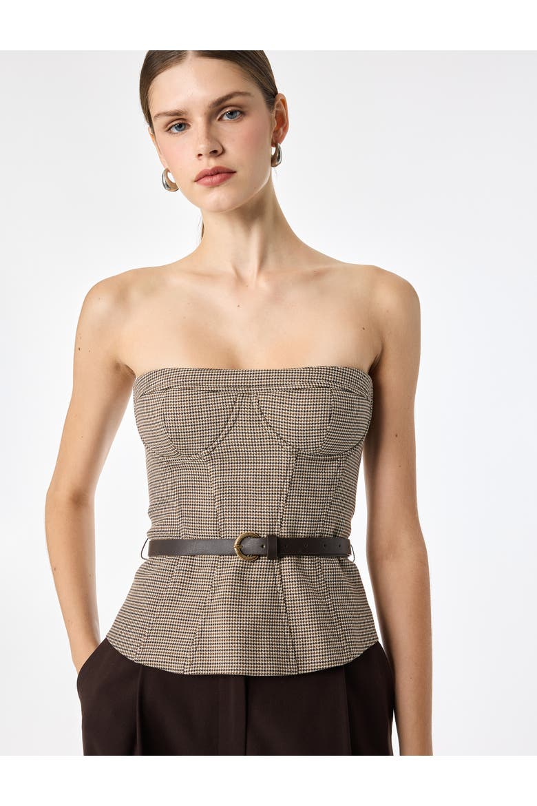 Strapless Houndstooth Corset Top With Belt, Alternate, color, BROWN CHECK
